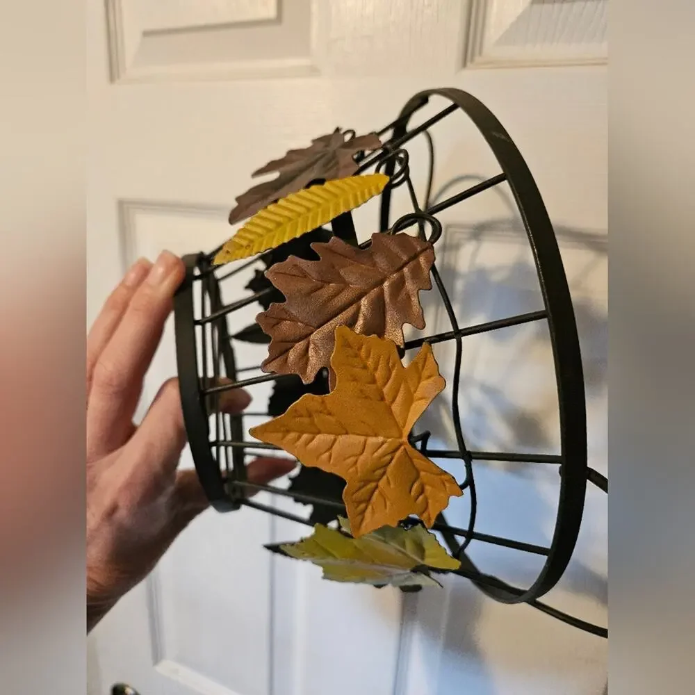 Fall themed metal basket Multi-colored leaves 10 inches